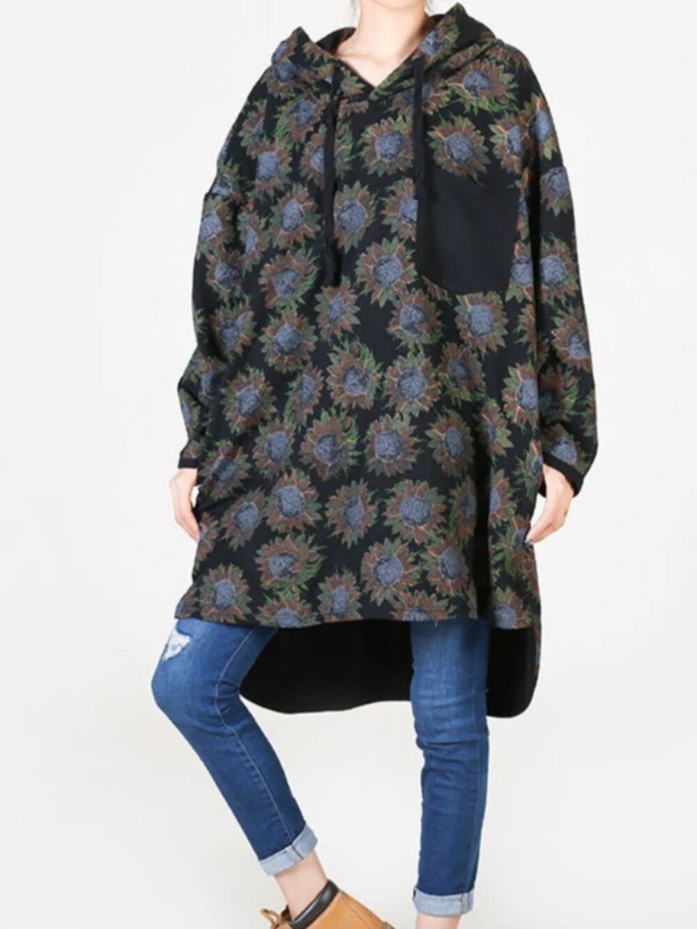Oversized Hoodie with Sunflower Pattern NWOT